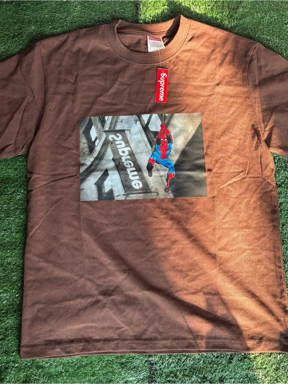 Supreme Brown Tee with Red & Blue Spider-Man Graphic